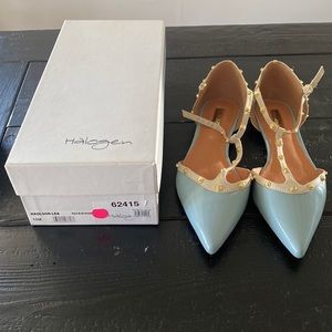 Pale blue, gold studded dress shoe